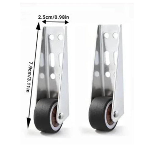 Smooth Operator Vertical Track Roller For Heavy Duty Sliding Barn Doors With Rock Solid Anti Sag Bracket And Quiet Double Bearing Rubber Bottom Wheels Upgrade Kit, showing two silver rollers with black wheels.