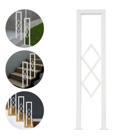 Rock Solid U Shaped Stair Handrail Featuring A Knockout Diamond Pattern Design And Smooth Baked Polish Finish Built Tough To Handle Heavy Loads Safely Indoors At Home, displayed in multiple home settings.