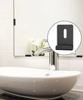 No Slip Glass Mounting Kit For Bathroom Walls Heavy Duty Glass Clamps securing mirror above sink in modern bathroom decor.