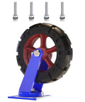 Heavy Duty Swivel Caster Wheel With Puncture Proof Rubber Treads And Quiet Ball Bearings Moves Heavy Loads Dead Easy, shown with blue steel mounting.
