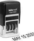 Heavy Duty Self Inking Date Stamp in sleek black housing, printing 'MAY 15 2032', ideal for office paperwork.