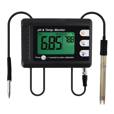 2 In 1 pH And Temperature Meter With ATC Dual Display Water Quality Tester For Hydroponics, Aquarium, Pools And More, Automatic Calibration, High Accuracy pH 0.0 To 14.0, 0.1 pH Precision, Temperature Reading, shown with probes and display.