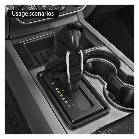 Gear Shift Hoodie Cover For Cars, Dope Mini Hoodie For Shifter Knob, Cute Interior Accessory on a car's gear shift in black