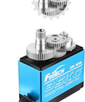 FEETECH 180° servo motor, blue aluminum housing with visible gear train (front view)