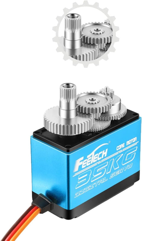 FEETECH 180° servo motor, blue aluminum housing with visible gear train (front view)