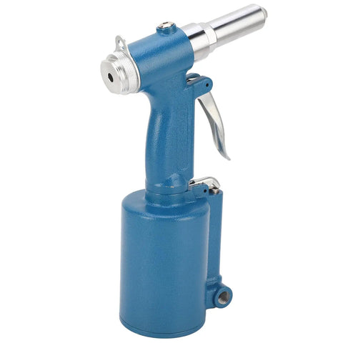 Heavy Duty Automated Pneumatic Rivet Kit With Air Hydraulic System For Fast One Step Riveting On Industrial Assembly Jobs And Auto Repair Shops That Actually Deliver Reliable Tight Locks Every Single Time. blue metal pneumatic rivet tool with trigger handle