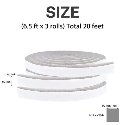 Kick Out Drafts With Premium Heavy Duty Foam Weather Stripping Tape Adhesive Door And Window Seal Half Inch Thick PU Compression Sponge Roll set of three gray foam rolls 20 feet total.
