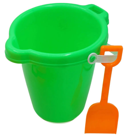 Green bucket and orange shovel from Six Pack Kids Beach Buckets And Shovels Set For Outdoor Summer Fun 7 Inch Large Sand Pails