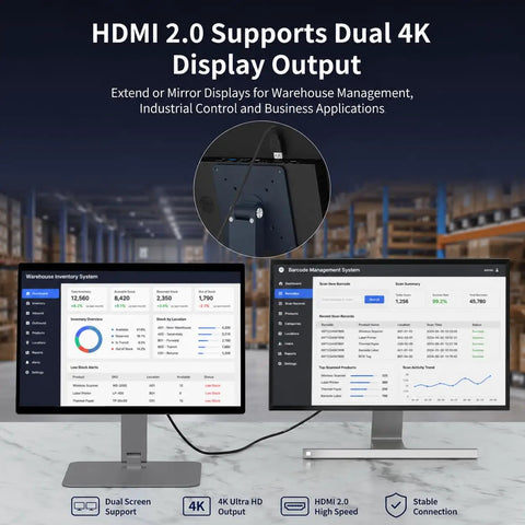 Dual 4K screens displaying warehouse and barcode management on Sleek 15.6 Inch All In One Touchscreen Desktop PC With FHD Display And Win 11