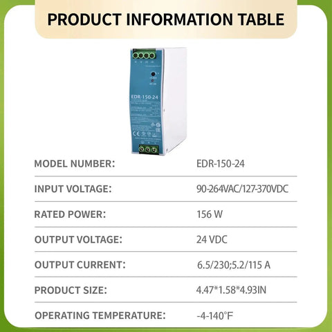 Zero Hassle Ultra Slim Din Rail Switching Power Supply 24V 6.5A 156W Fanless DC Adapter with specifications displayed on a white background.