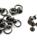 Real Deal 30 Pieces Heavy Duty Screwback Leather Rivet Kit With Pull Rings 8x6mm Round Head Metal Studs For Badass DIY Belt Bag Craft Projects In Silver Black Gold showing silver metal screw locks and rings.
