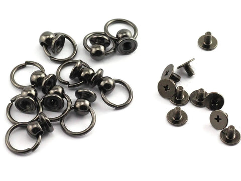 Real Deal 30 Pieces Heavy Duty Screwback Leather Rivet Kit With Pull Rings 8x6mm Round Head Metal Studs For Badass DIY Belt Bag Craft Projects In Silver Black Gold showing silver metal screw locks and rings.