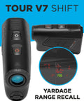 Golf Rangefinder With Tour Trusted Slope Technology And Dual Color Display For Quick Yardage Reads 6X Magnification Yardage Range Recall Patriot Pack Bundle Includes Lens Cloth And Extra Batteries, showing tour V7 shift model with lens and button details.
