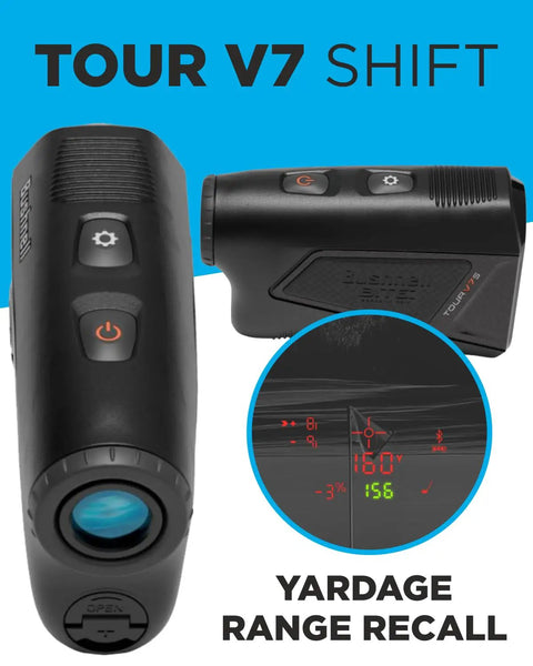 Golf Rangefinder With Tour Trusted Slope Technology And Dual Color Display For Quick Yardage Reads 6X Magnification Yardage Range Recall Patriot Pack Bundle Includes Lens Cloth And Extra Batteries, showing tour V7 shift model with lens and button details.