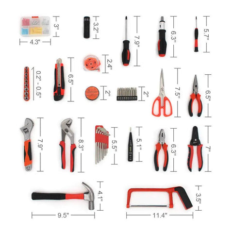 102 Piece Home Basic Tool Kit For DIYers Essential Household Tool Set with chrome plated carbon steel wrenches and hand tools.
