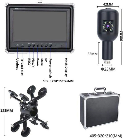 Heavy Duty Waterproof Snake Camera With Dual Lens And 9 Inch Color Monitor displaying 9-inch screen and accessories for drain inspections.