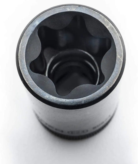 Close-up of a single heat treated black oxide Torx socket from 13 Piece External Torx Socket Set For 1/4, 3/8, And 1/2 Inch Drives, E4 to E10