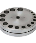 Disc Cutter Set With Seventeen Dies For Metal Forming Punch Die Discs Durable Steel Construction Great For Brass Gasket And Styrene Sheet Crafting Ideal For DIYers And Jewelry Makers At Home, showing round steel disc with multiple die holes