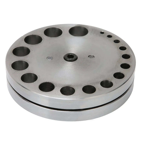 Disc Cutter Set With Seventeen Dies For Metal Forming Punch Die Discs Durable Steel Construction Great For Brass Gasket And Styrene Sheet Crafting Ideal For DIYers And Jewelry Makers At Home, showing round steel disc with multiple die holes