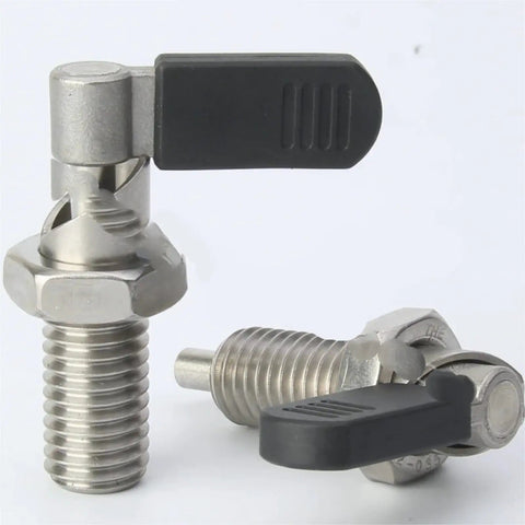 Heavy Duty L Handle Indexing Plunger With Fine Thread M12 Lock Nut And Spring Loaded Thumb Screw For Zero Slack Jigs Cnc Machines And Shop Fixtures Black showing steel body and spring-loaded design.