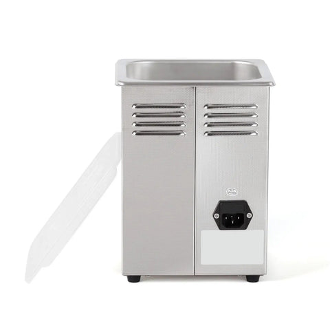 Fully Automatic Ultrasonic Cleaner For Vinyl LP And EP Discs With Badass 27 Liter Tank And 500 Watt Output To Blast Away Gritty Dust And Keep Your Tunes Fresh, stainless steel unit from the front.
