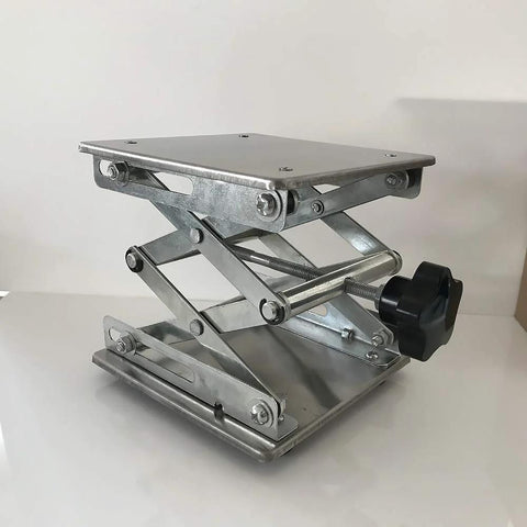 Front view: Amazon stainless steel lab jack scissor stand platform, 8x8 in, adjustable lift with screw knob