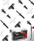 Assortment of clips, rivets, and fasteners with package for Six In One Wrangler Fender Flare Clips And Fastener Retainer Set for Jeep.