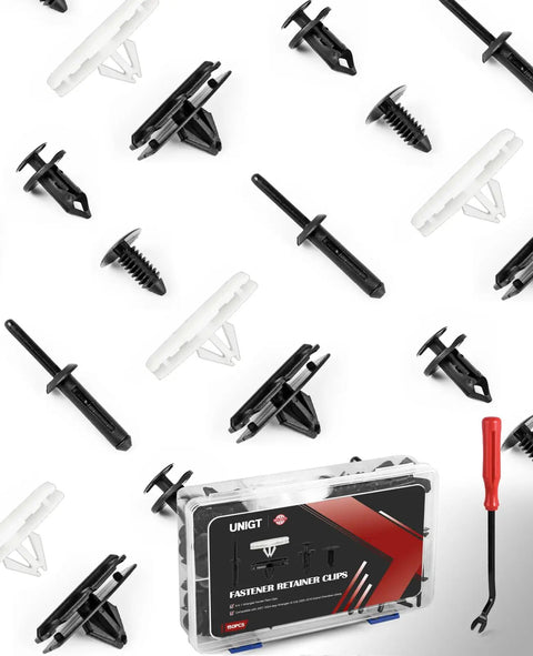 Assortment of clips, rivets, and fasteners with package for Six In One Wrangler Fender Flare Clips And Fastener Retainer Set for Jeep.
