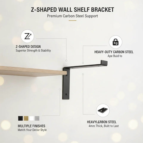Z Shaped Carbon Steel Wall Bracket For Floating Shelves Beefy Heavy Duty Black Mounting Bracket side view with wooden shelf