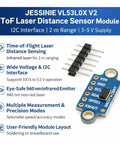 No Fuss VL53L0X V2 TOF Laser Distance Sensor Module displaying I2C interface, pins, and compact layout for prototyping.