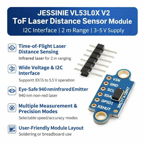 No Fuss VL53L0X V2 TOF Laser Distance Sensor Module displaying I2C interface, pins, and compact layout for prototyping.