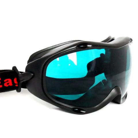 Heavy Duty Laser Safety Goggles Featuring Wide Spectrum Od4 Polycarbonate Lenses That Block Harmful Uv And Infrared Rays For Lab Tasks And Workshop Projects Providing Rock Solid Eye Protection With A Comfy Fit For Serious Shop Use No Cap close-up view with blue lenses and black frame