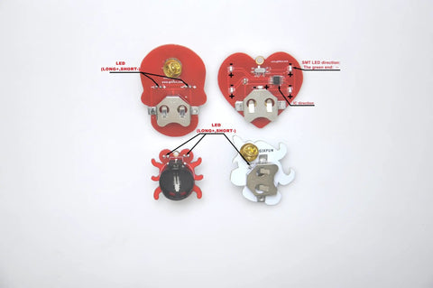 DIY Soldering Practice Kit For Beginners PCB Board Brooch Decoration With Skeleton Unicorn Heart And Insect Shapes Hands On Learning Project Great Gift For Students And Hobbyists GK1026 showing four PCB shapes with LED instructions.