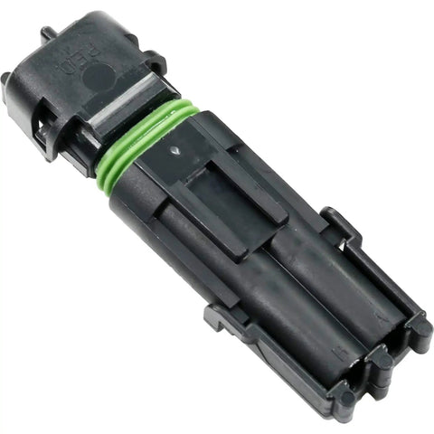 Kick Your Wiring Game Up With This Cool 10-Pack Weather Pack Series Kit Featuring Tough 2 Pin Male And Female Terminals That Handle 20 Amps For 10 To 12 Ga Wire Plus Extra Sealers And Housing Shrouds So You Can Fix Any Electrical Mess Fast. black 2-pin Weather Pack connector housing with green seal