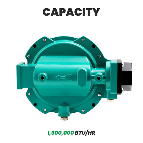 Side view of Watflow LP-Gas two-stage propane regulator with back-mount, teal finish, 3/4 in NPT ports.