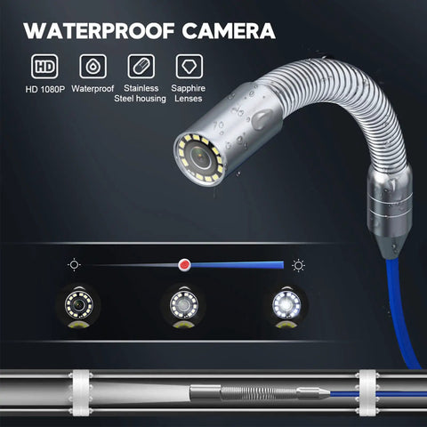 Pro 7 Inch HD Sewer Camera For Heavy Duty Pipe Inspection And Clog Removal, featuring waterproof stainless steel probe with sapphire lens.