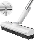 3-In-1 Floor Scrub Brush With Long Handle For Grimy Surfaces Built-In Scraper And Heavy-Duty Stiff Bristles shown with close-up inset