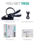 Rechargeable 12 LED Warm Clip On Book Light With Dual Goosenecks Bed Reading Lamp set including LED light, USB cable, box, manual.