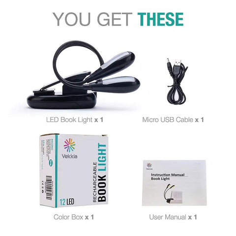 Rechargeable 12 LED Warm Clip On Book Light With Dual Goosenecks Bed Reading Lamp set including LED light, USB cable, box, manual.