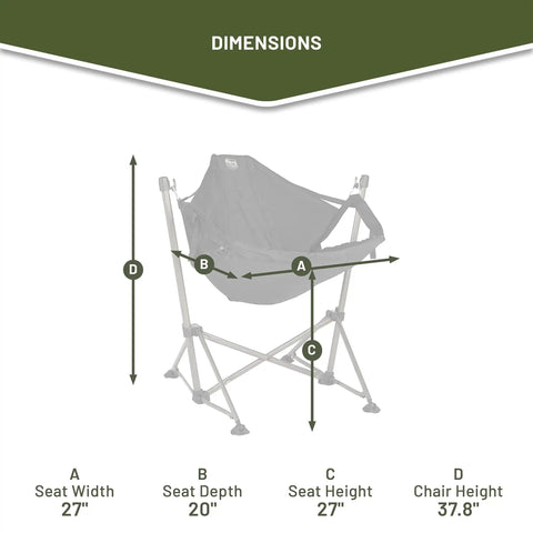 Dimensions of Portable Hammock Camping Chair With Stand showing seat width 27", depth 20", seat height 27", chair height 37.8"