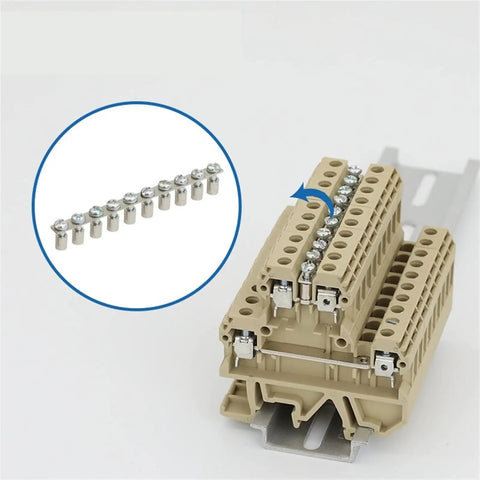 Top Tier Din Rail Wire Jumpers Solid Fit For Dk4q35 And Dk4qv35 Terminal Blocks, beige bridge connectors on rail.