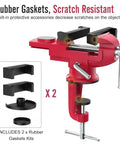 Beefy Universal Table Vise 3 Inch Jaw Opening With 360 Degree Swivel Base Bench Clamp For Woodworking And Metalworking, Thickened 0.2 Inch Jaw For Grip That Won't Budge, Fits Most Workbenches. Red bench vise with rubber gaskets and 2-inch clamp accessories