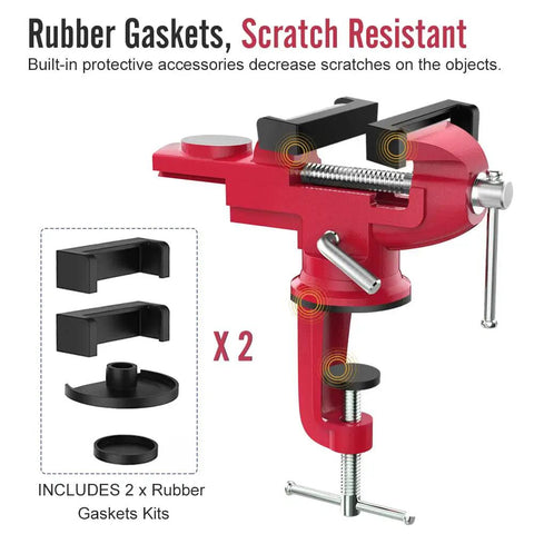 Beefy Universal Table Vise 3 Inch Jaw Opening With 360 Degree Swivel Base Bench Clamp For Woodworking And Metalworking, Thickened 0.2 Inch Jaw For Grip That Won't Budge, Fits Most Workbenches. Red bench vise with rubber gaskets and 2-inch clamp accessories