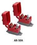 Heavy Duty 12Volt Auto Reset Stud Mount Circuit Breaker Waterproof Overcurrent Protector For Cars And Trucks Rock Solid 40A 50A, red and gray design.
