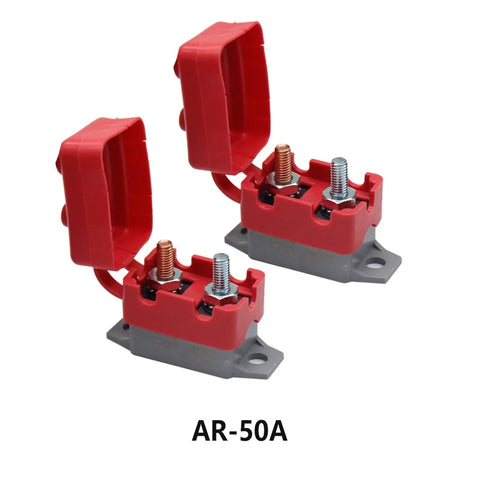 Heavy Duty 12Volt Auto Reset Stud Mount Circuit Breaker Waterproof Overcurrent Protector For Cars And Trucks Rock Solid 40A 50A, red and gray design.