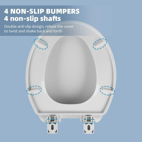 Round Toilet Seat With Slow Close Hinges Thick Durable Engineering Plastic No Wiggle Or Loosening Easy To Install And Clean Universal Fit For Most Standard Round Toilets 16.5 Inch White with non-slip bumpers.