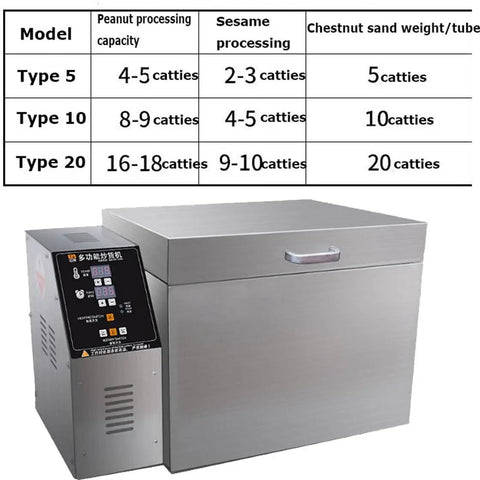 Heavy Duty Electric Nut Roaster And Coffee Bean Roasting Machine Built From Commercial Grade Stainless Steel With 2000 Watt Heating Elements, front view with control panel.