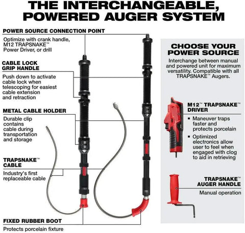 Badass 12V M12 Ready Drain Snake And Toilet Auger Combo Kit showing interchangeable powered auger components and features.