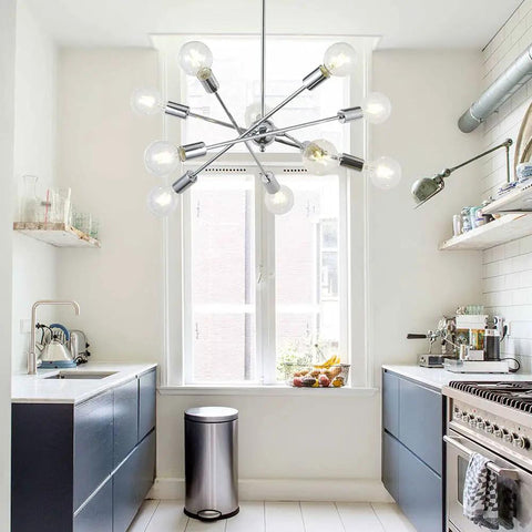 Six Light Sputnik Chrome Pendant Chandelier For Kitchen And Dining, Entryway, Mid Century Modern Farmhouse Vibe, Adjustable Height