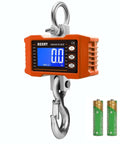 Digital Crane Scale Heavy Duty 2200lb 1000kg Hanging Scale For Farm Livestock Factory Construction And Hunting CE Certified Aluminum Alloy Built Tough With High Precision Sensors, front view with hook and batteries.